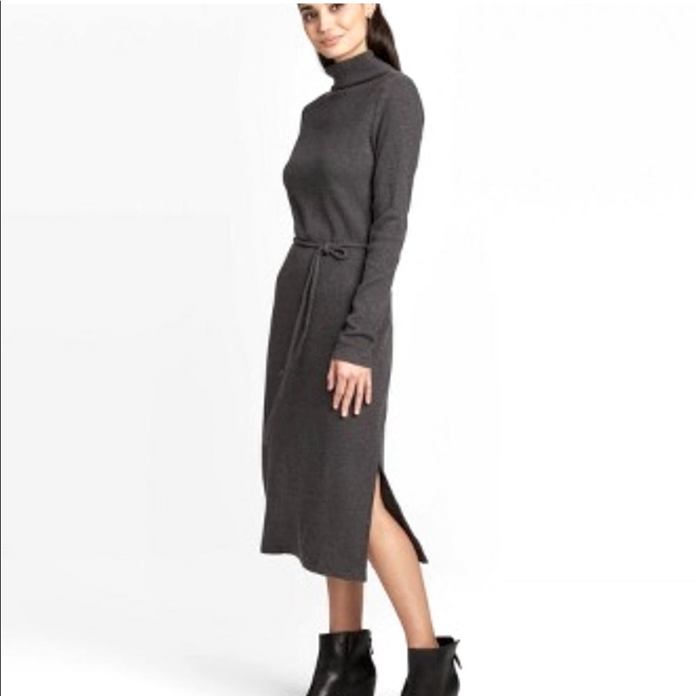 Mock Turtleneck Belted Knit Midi Dress